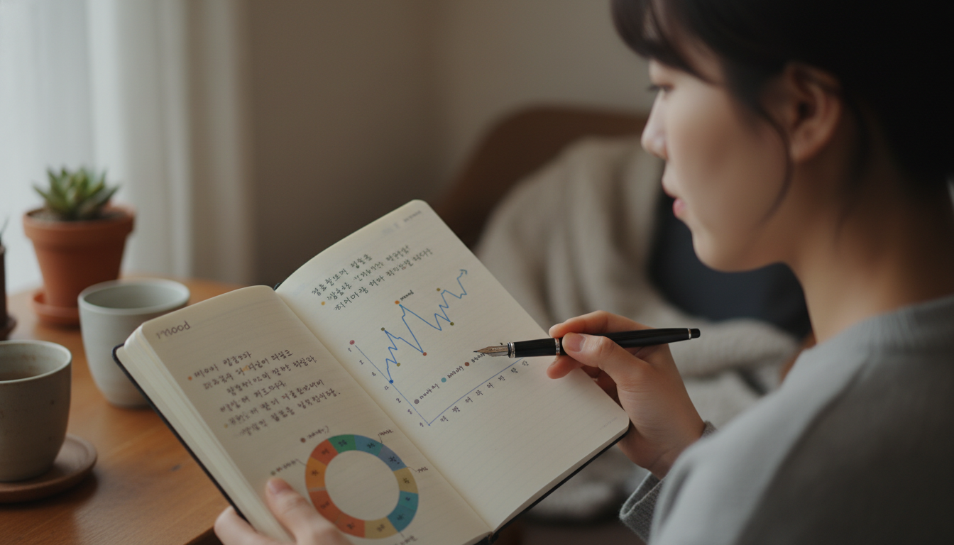 아늑한 공간에서 감정 기록이 담긴 저널에 집중하며 자신을 돌아보는 한국인의 손과 모습.