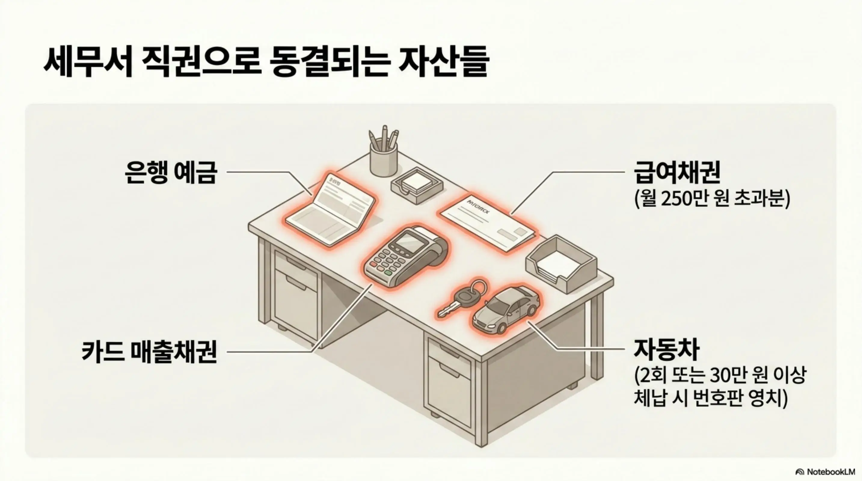 세금체납 통장압류 피하는법: 세무서 직권으로 동결되는 자산들이라는 제목의 인포그래픽. 사무용 책상 위에 은행 예금과 카드 매출채권과 급여채권 월 250만 원 초과분과 자동차 2회 또는 30만 원 이상 체납 시 번호판 영치 등 압류 대상 재산을 시각적으로 배치하여 블로그의 세금 체납 시 압류 가능한 재산 범위와 관련된 내용을 설명함 