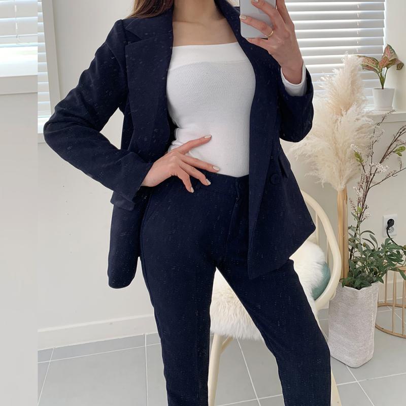 여자 곤색 더블 자켓 투피스 셋업 하객룩 면접복장 세미정장 수트 세트