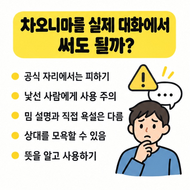 차오니마가 공식 자리나 낯선 사람에게는 부적절할 수 있음을 보여주는 주의 그림