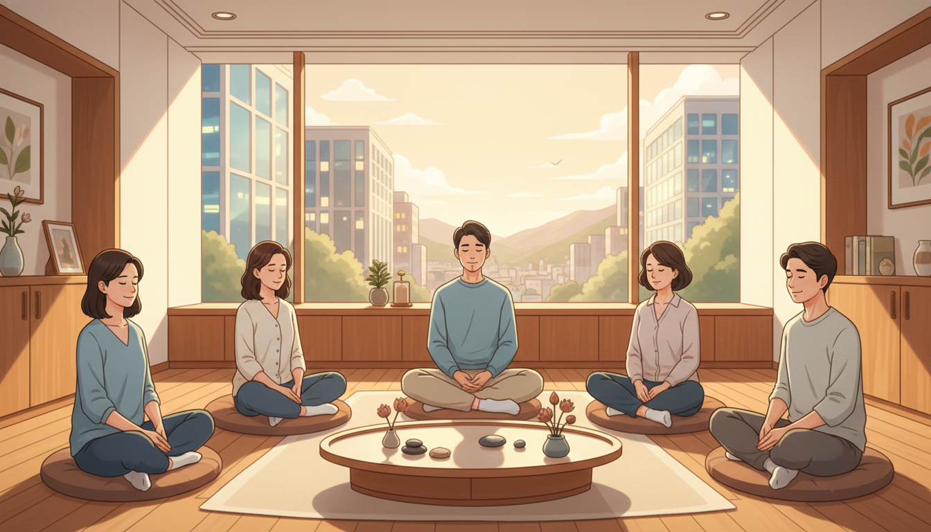 공황장애 환자들이 그룹 심리 상담을 통해 마음 챙김 훈련을 하는 모습