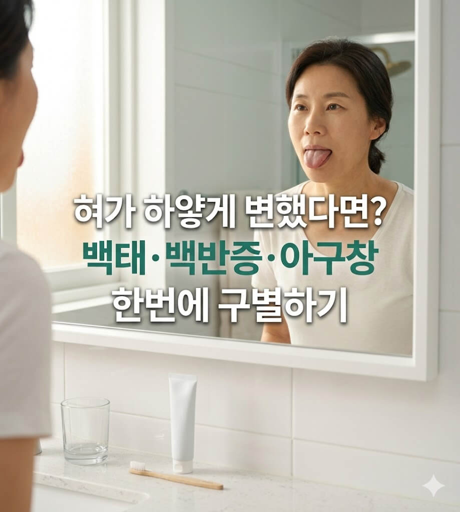 혀 상태를 거울로 확인하는 여성의 모습, 구강 건강 점검 이미지