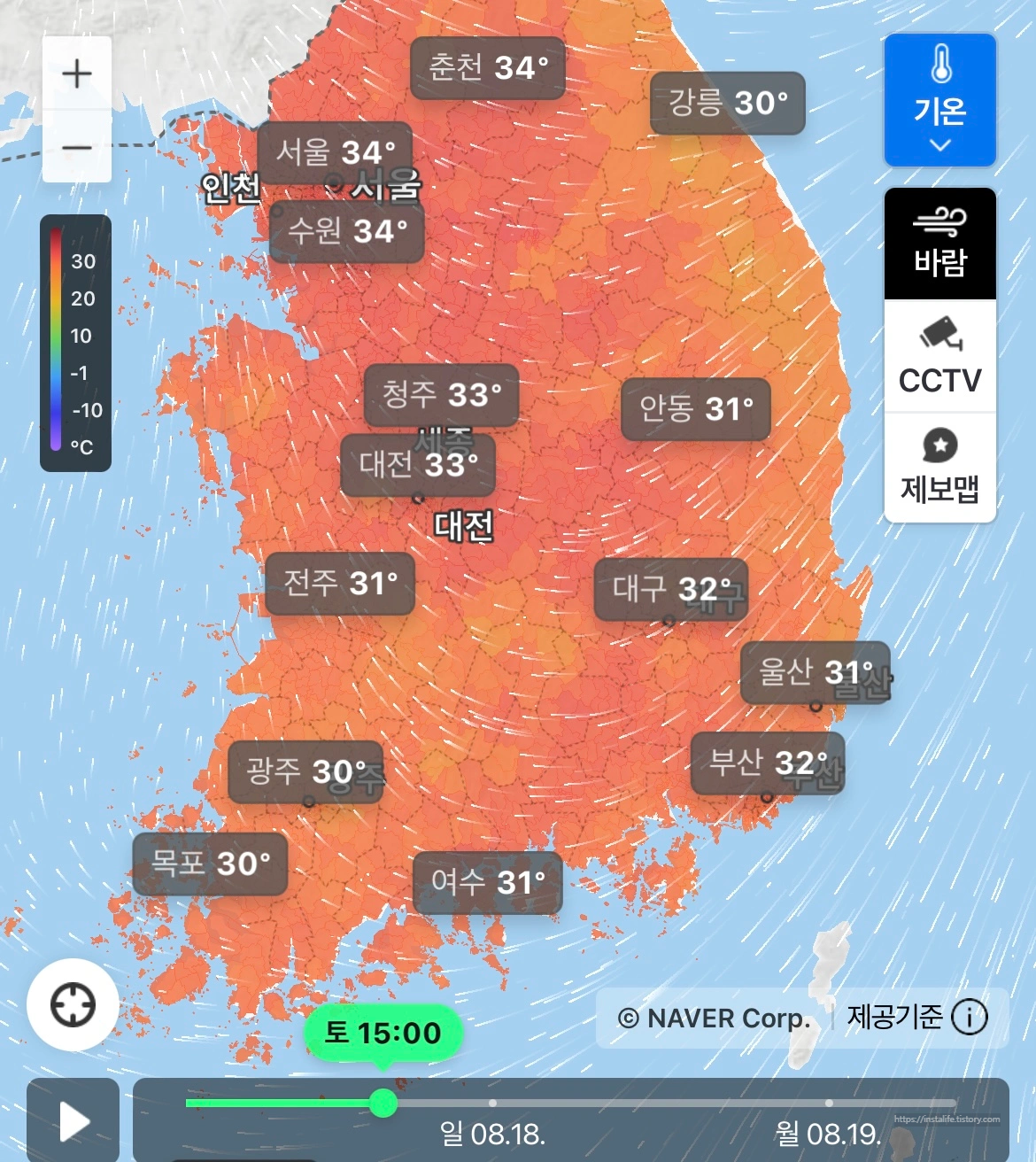 17일 전국 오후 3시 예보 이미지 입니다.
서울은 34도, 수원 34도, 안동 31도 등 평균적으로 32~33도 예상됩니다.