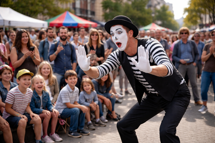 도심 광장에서 관객과 호흡하며 공연하는 현대 마임 배우