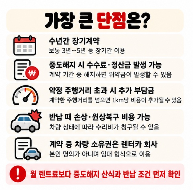 신차 장기렌트의 중도해지 부담 주행거리 제한 반납 정산 소유권 없음 네 가지 단점을 비교하는 카드