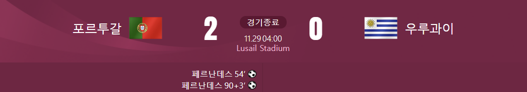 포르투갈 대 우루과이 경기결과가 적힌 사진