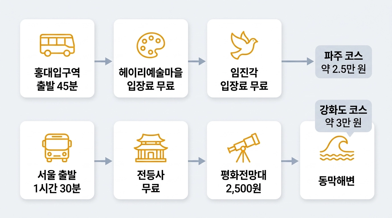 파주 헤이리 임진각 강화도 당일치기 동선 비용 비교 인포그래픽