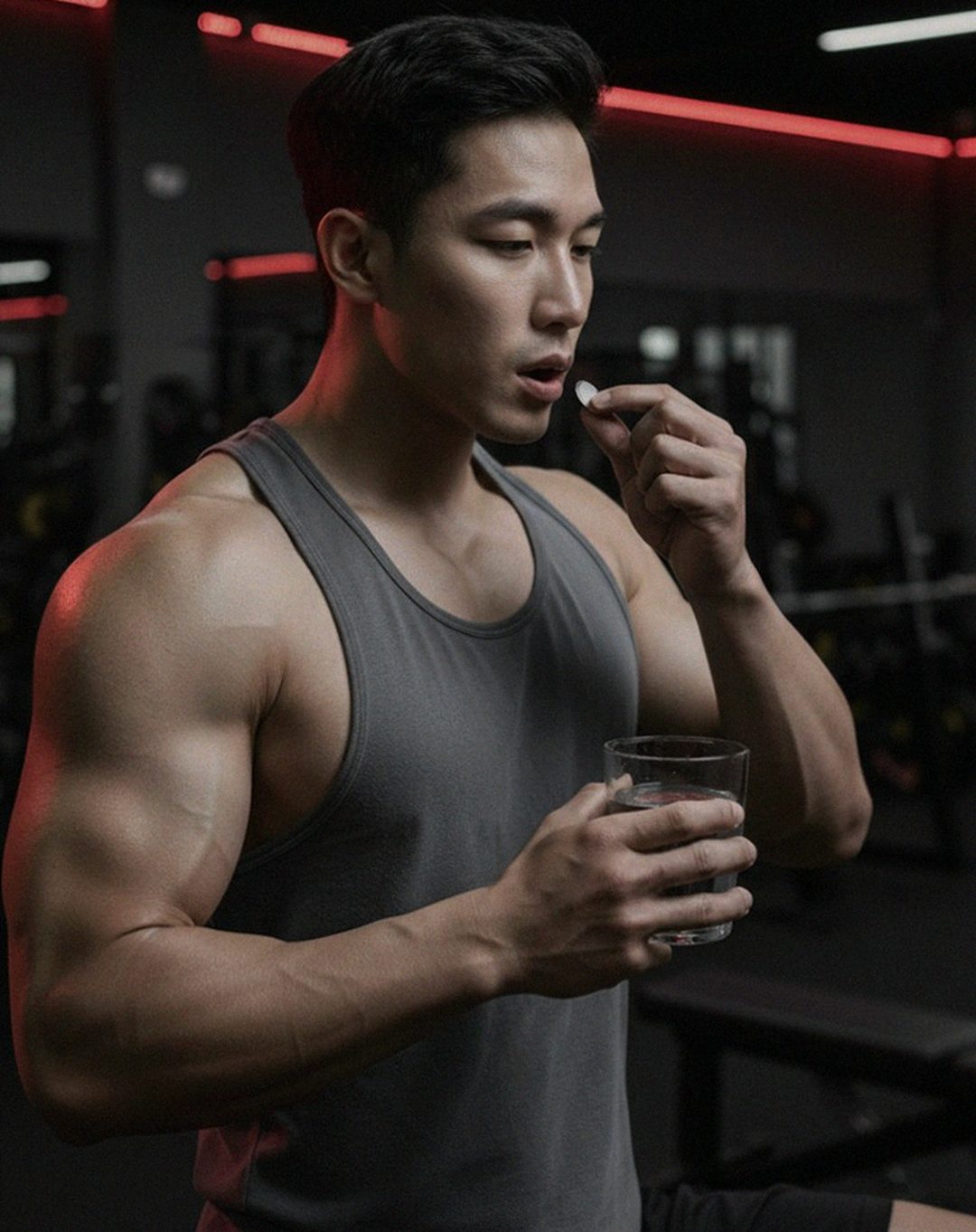 Korean Asian man 35 holding stomach uncomfortable morning
