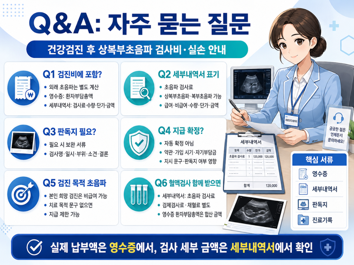 건강검진 후 상복부초음파 검사비와 실손 청구 서류에 대한 자주 묻는 질문을 정리한 Q&A 의료 인포그래픽