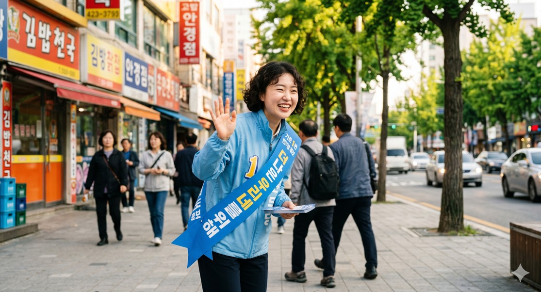 어깨띠를 메고 거리에서 환하게 웃으며 인사하는 선거운동원의 모습