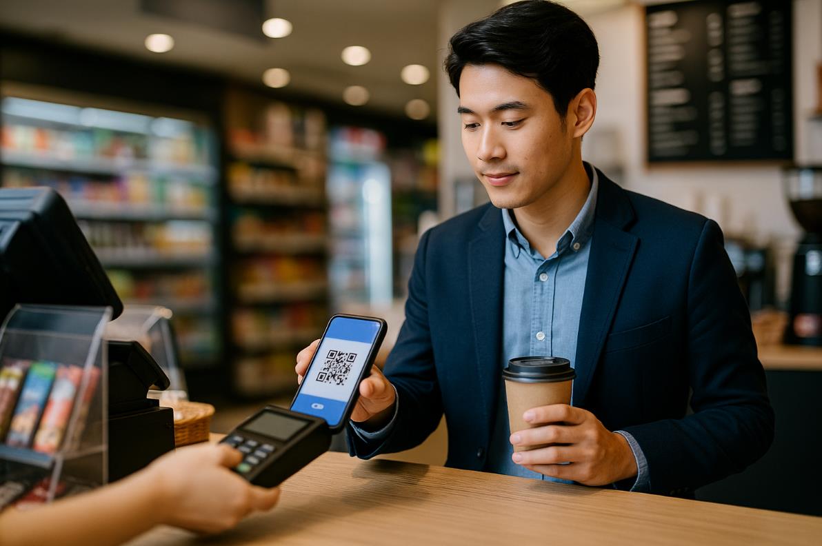 편의점 계산대에서 스마트폰으로 QR 결제를 하는 장면