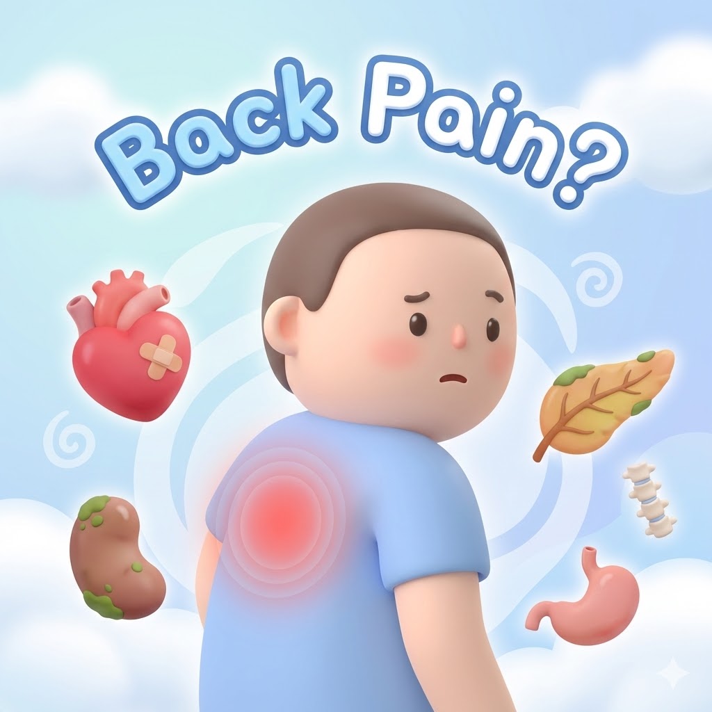 등 통증을 느끼는 귀여운 캐릭터와 주변에 묘사된 심장, 신장 등 장기 모양 아이콘들이 등 통증의 다양한 원인을 암시하는 3D 카툰 일러스트.