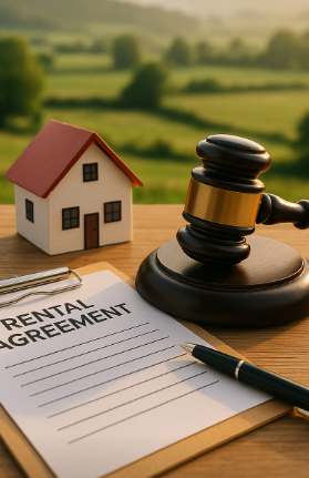 시골 풍경 속에서 전원주택 모형 옆에 렌트 계약서와 법봉이 놓인 장면