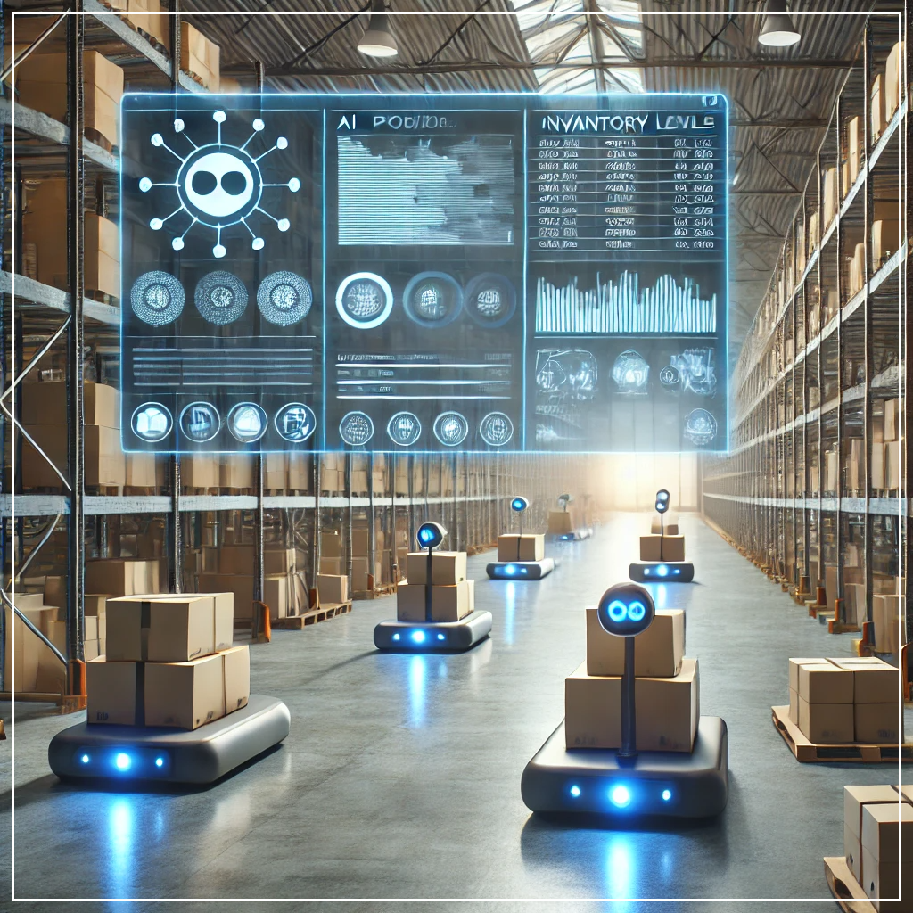 대형 물류 창고에서 AI 시스템이 자율 로봇을 통해 화물을 운반하고, 재고 수준을 디지털 대시보드에서 실시간으로 관리하는 모습