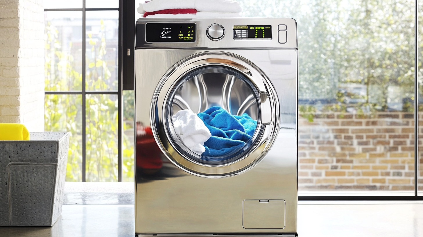 도시 로프트 공간에서 현대적 디자인의 삼성 세탁기가 빛나는 크롬 마감과 인체공학적 제어 패널을 강조하여 세탁된 옷들과 함께 프리미엄 기능을 제공합니다.