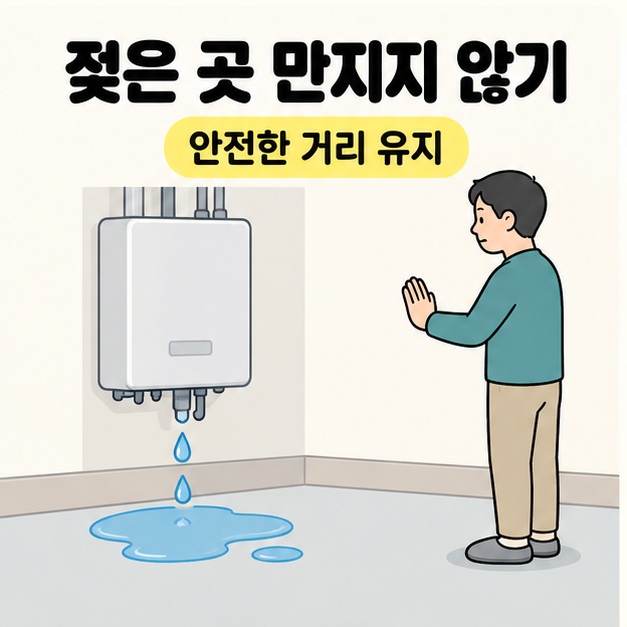 젖은 곳 만지지 않기와 안전한 거리 유지 문구 아래 성인이 물이 고인 보일러에서 떨어져 손을 대지 않고 서 있는 삽화