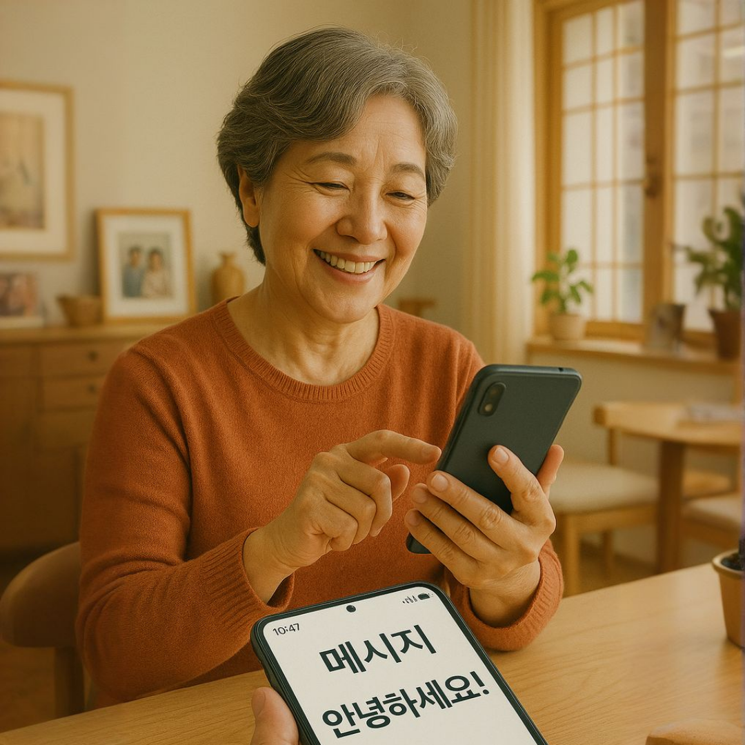 중년 여성이 밝은 거실에서 스마트폰을 보며 미소 짓고 있다. 화면엔 &lsquo;메시지: 안녕하세요!&rsquo;라는 큰 글씨가 보인다.