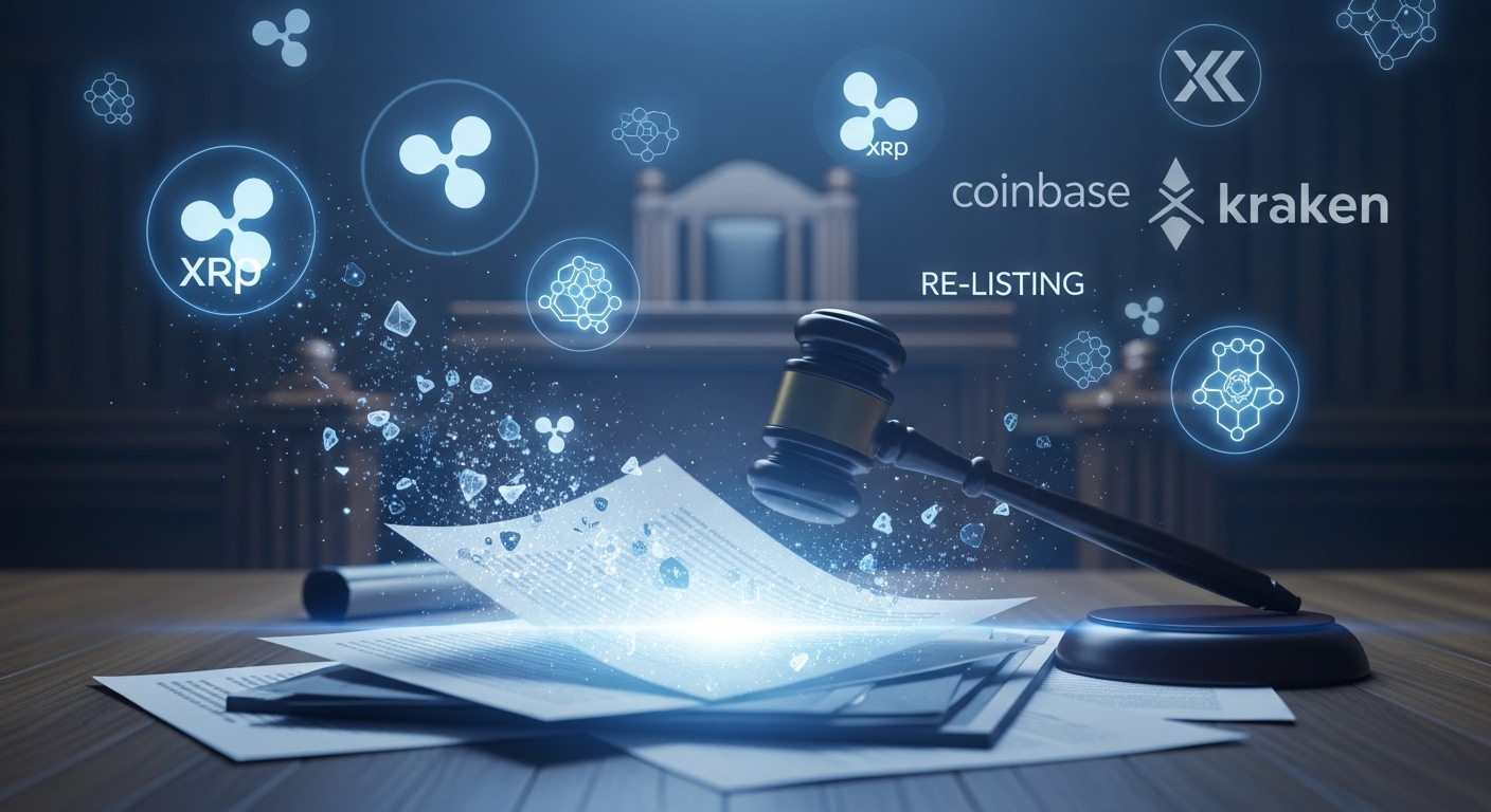 리플 소송 최종 판결 후 XRP 재상장 및 시장 활성화를 상징하는 이미지. 법정 장면과 암호화폐 심볼, 주요 거래소 로고가 역동적으로 어우러져 있습니다.