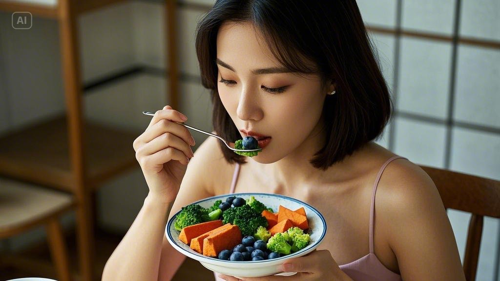 A woman is eating healthy food.