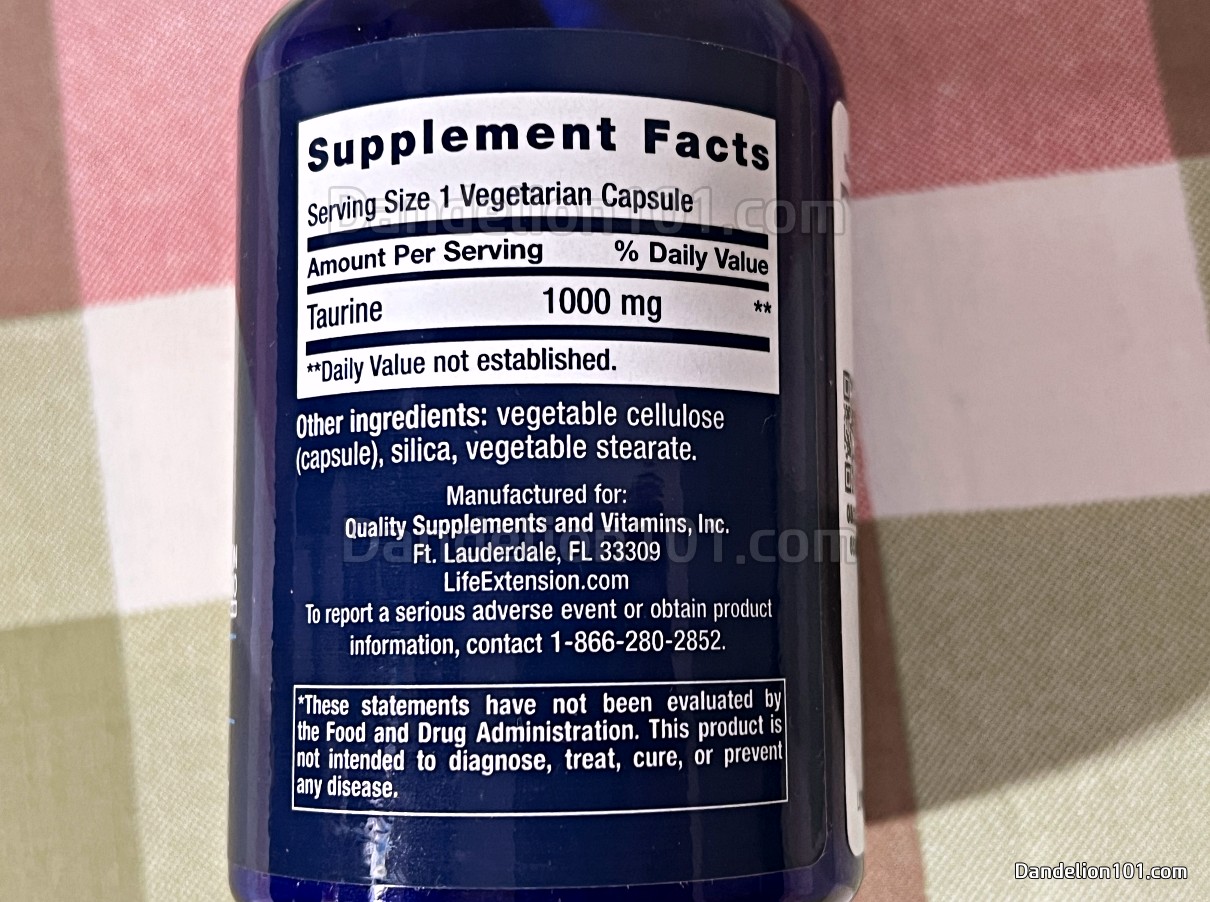 라이프 익스텐션 타우린 1000mg 성분 및 기타 성분