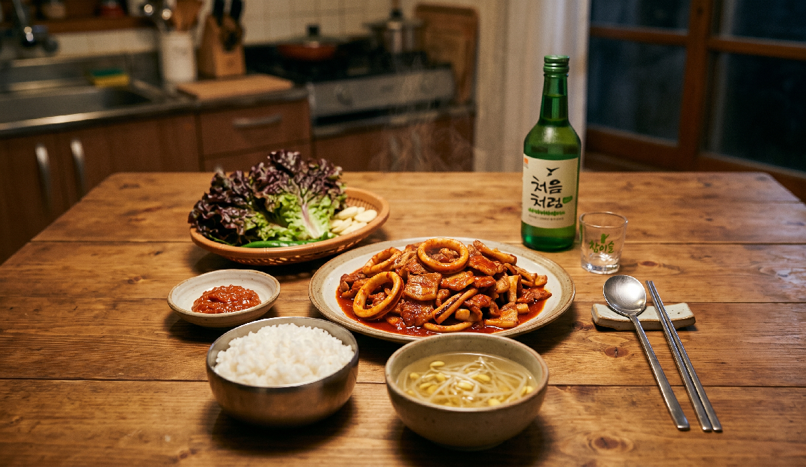 매콤한 오삼불고기에 상추와 쌈장, 시원한 콩나물국을 준비하고 그린색병 소주 한병이 어울어진 오삼불고기 밥상.