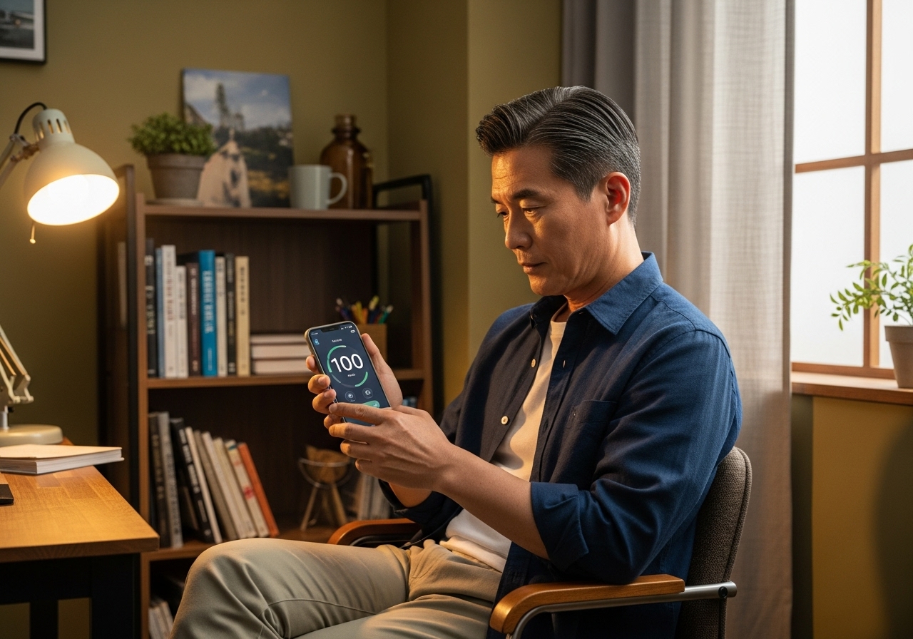 50대 한국인 남성이 타이머 앱 확인하는 모습