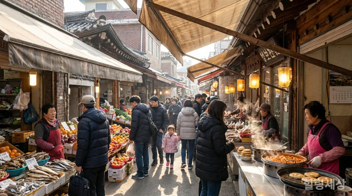 활기찬 한국의 전통 시장 풍경