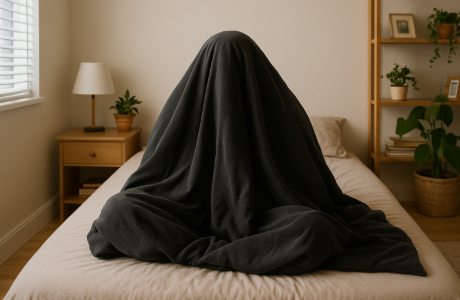 우울증으로 이불을 뒤집어쓰고 있는 사람 이미지