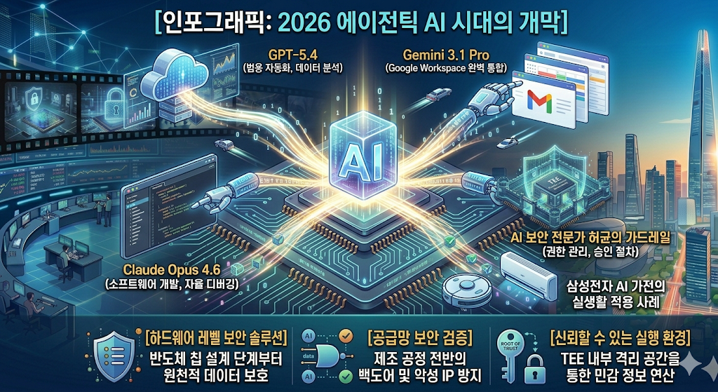 인포그래픽: 2026 에이전틱 AI 시대의 개막] 단순 답변을 넘어 스스로 목표를 세우고 도구를 호출해 자율 실행하는 에이전트 AI의 작동 원리 시각화. GPT-5.4, Gemini 3.1 Pro, Claude Opus 4.6의 최신 벤치마크 비교와 삼성전자 AI 가전의 실생활 적용 사례 포함. [English: Infographic for 2026 Agentic AI - Beyond Conversation to Execution. Visualizing AI agents autonomously executing tasks via tool-use. Comparative analysis of GPT-5.4, Gemini 3.1 Pro, and Claude Opus 4.6 with real-world enterprise use cases in 2026.]