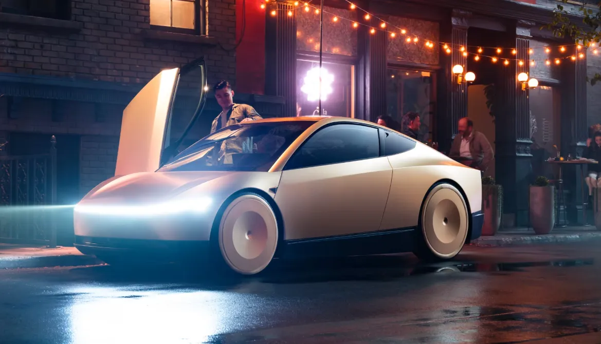 테슬라 사이버캡 로보택시에 승객이 탑승하는 장면, 야간 도시 배경