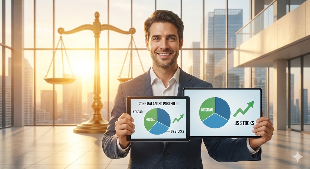 코스닥과 미국 증시의 균형을 맞춘 저울 위에서, 2026년형 투자 포트폴리오를 들고 미소 짓는 투자자의 모습
