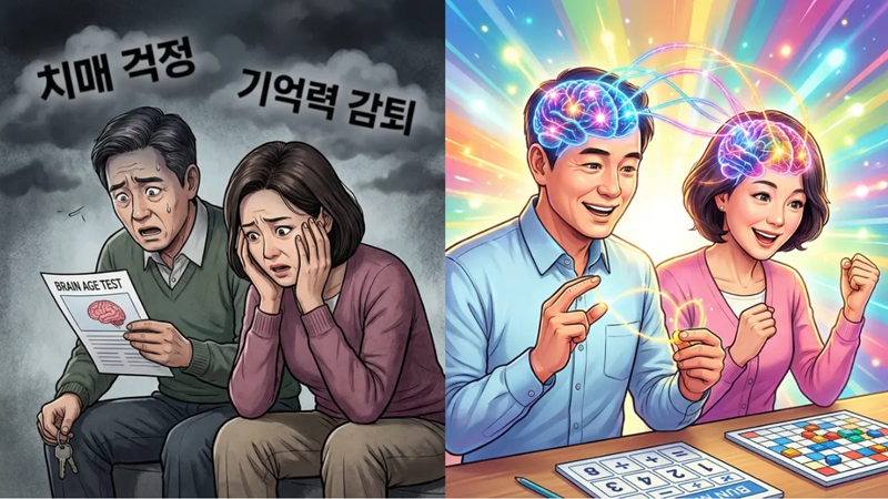 뇌 나이 테스트 결과에 충격받던 중장년 남녀가 1분 뇌 활성화 게임으로 뇌 건강을 되찾는 Before/After 모습. 뇌 건강과 치매 예방 게임.