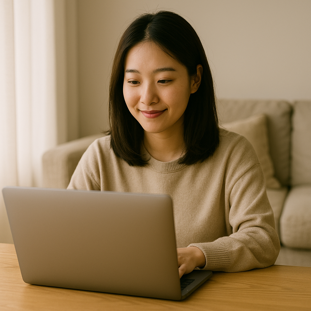 따뜻한 거실에서 노트북으로 근로장려금을 온라인 신청하는 젊은 여성