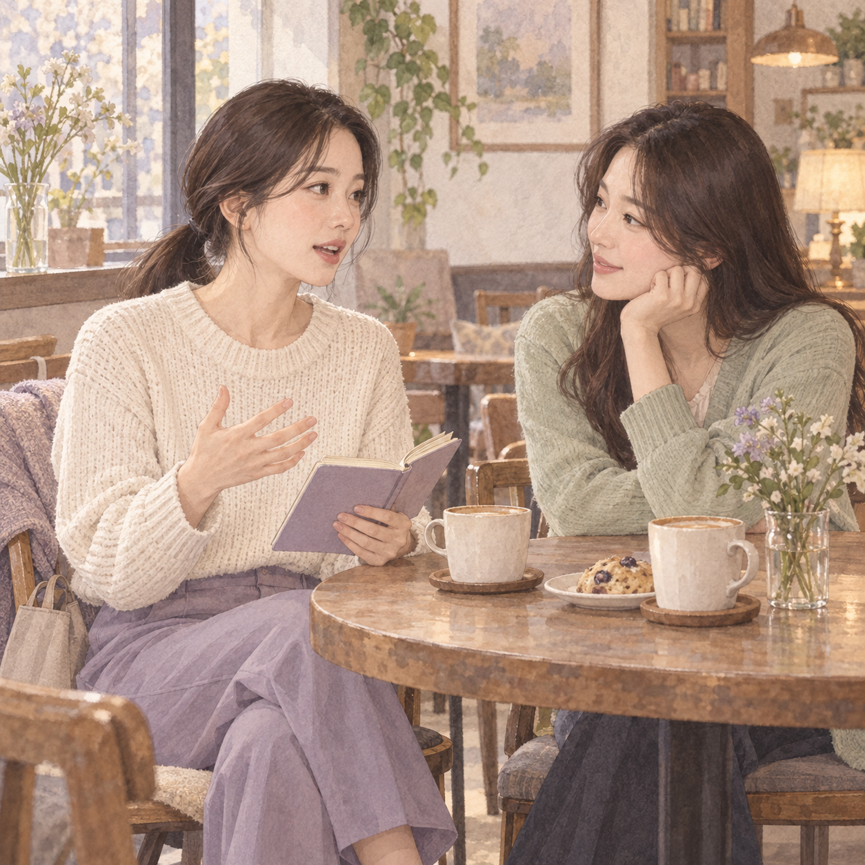 친구와 이야기하며 자신의 노력을 돌아보는 은서의 일러스트