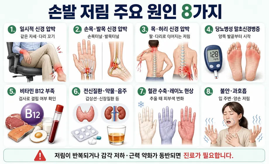 손발 저림 원인 8가지인 일시적 신경 압박, 손목&middot;발목 및 목&middot;허리 신경 압박, 당뇨병성 말초신경병증, 비타민 B12 부족, 전신질환, 레이노 현상, 불안&middot;과호흡 비교 이미지
