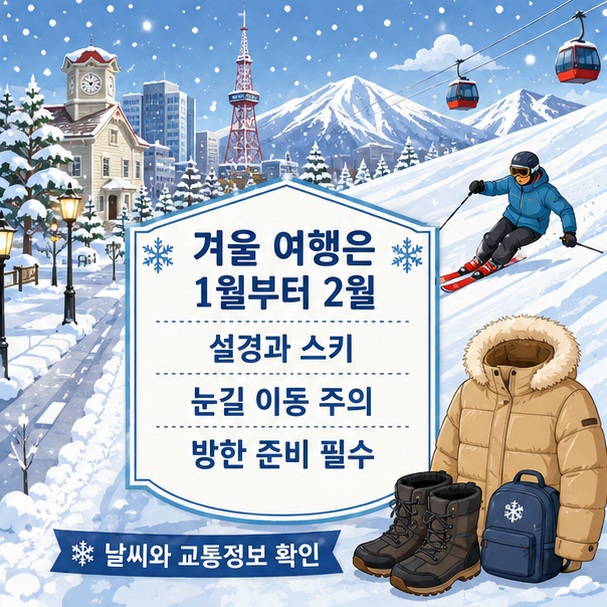 눈 덮인 북해도 거리와 스키장을 통해 1월부터 2월은 설경과 겨울 활동에 좋지만 방한과 눈길 교통에 대비해야 함을 보여 주는 그림
