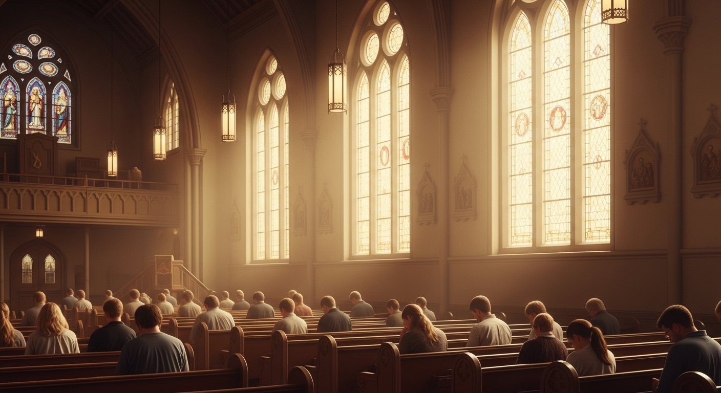 2025년 11월 마지막 주일예배를 위한 대표기도문을 준비하는 평화롭고 따뜻한 분위기의 교회 전경.