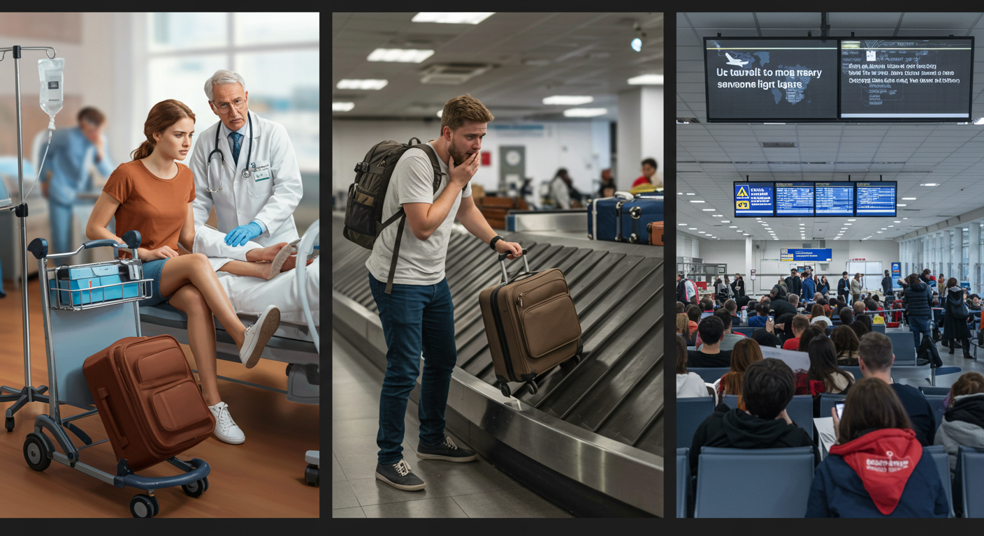해외여행 중 발생할 수 있는 의료 사고, 짐 분실, 항공편 지연 등 세 가지 주요 위험 상황을 보여주는 이미지.