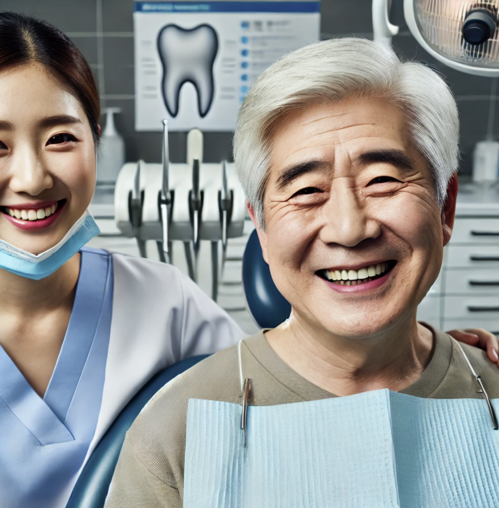 새 틀니를 보여주는 노인.