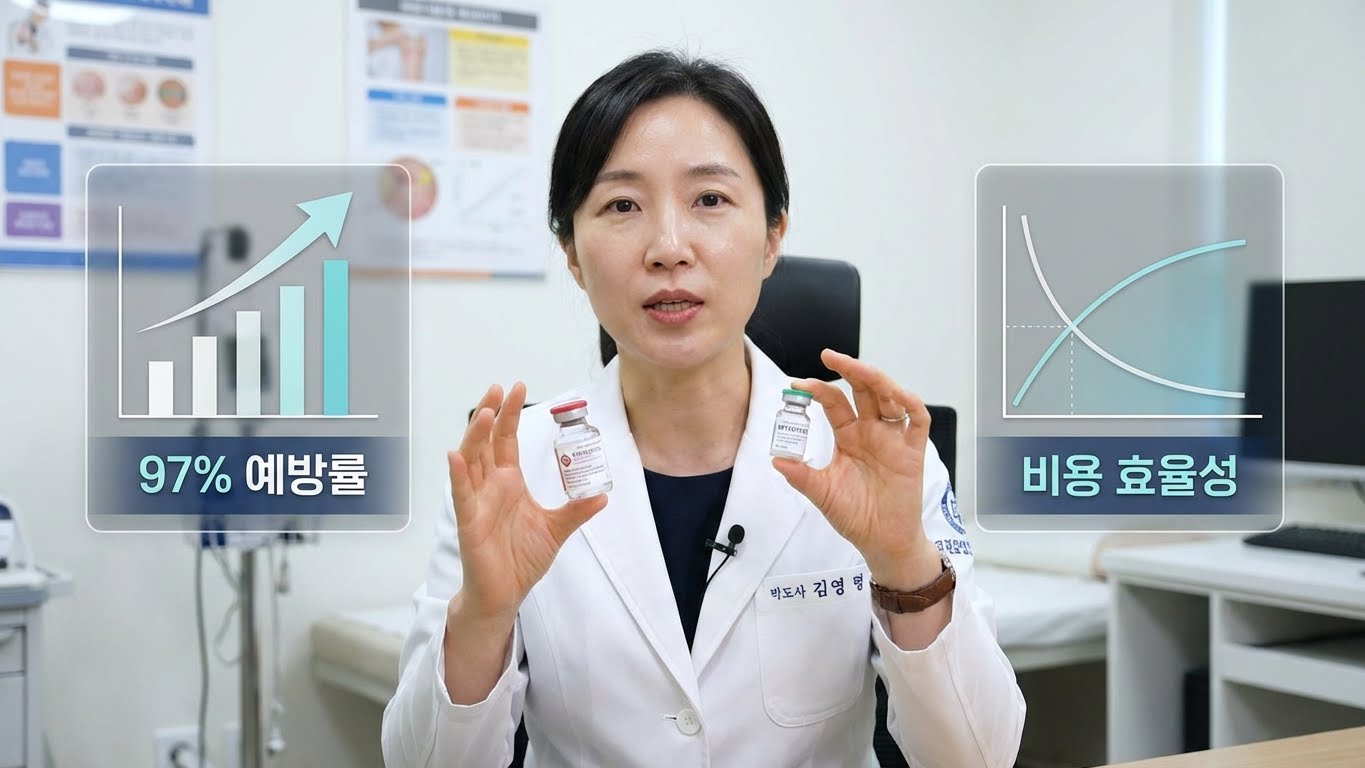 의사가 두 개의 백신 병(하나는 '싱그릭스', 하나는 '스카이조스터' 라벨)을 양손에 들고 비교 설명하는 모습