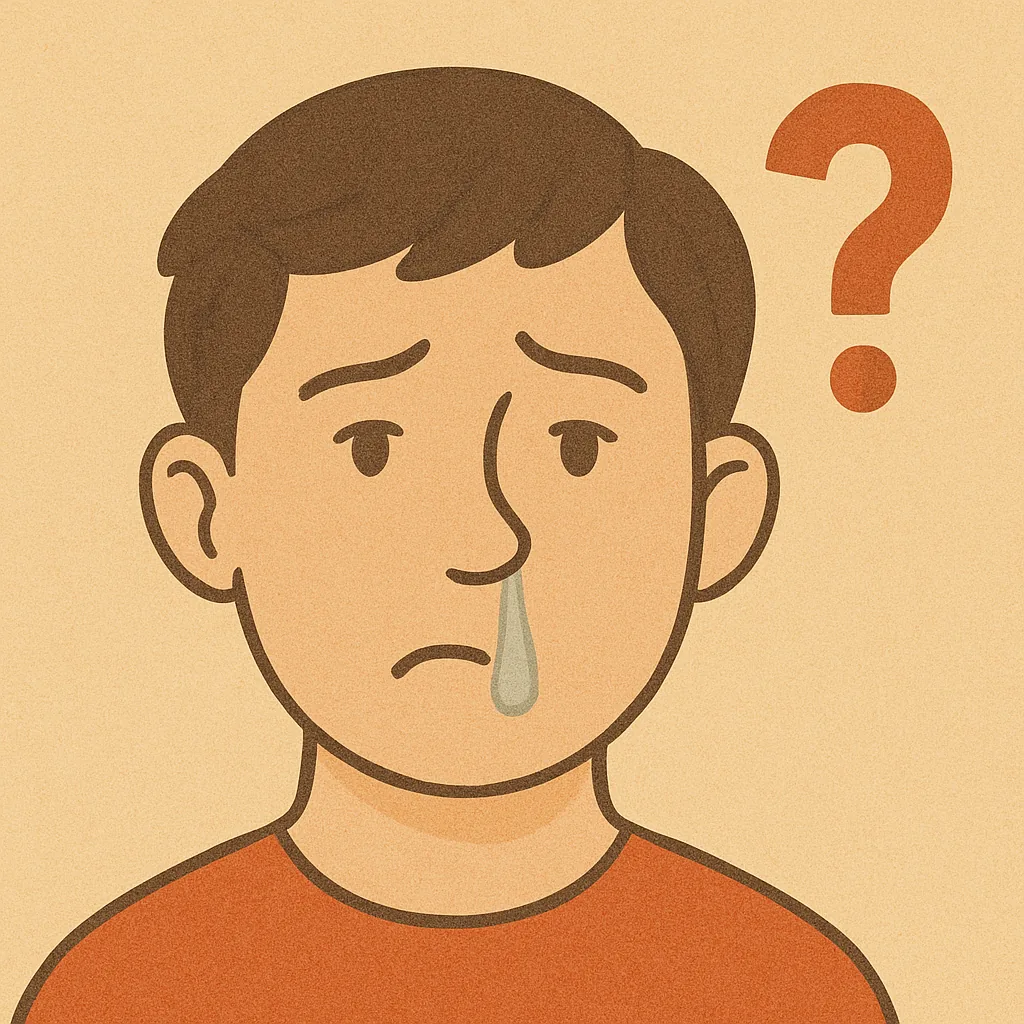 왜-왼쪽-코에서만-콧물이-나는지를-의문스럽게-표현한-일러스트-왼쪽-콧구멍에서-콧물이-흐르는-남성-얼굴과-물음표