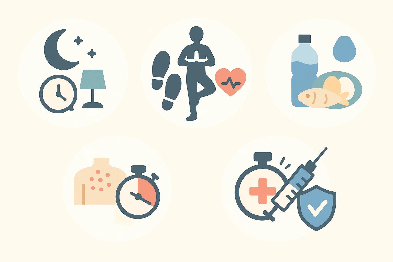 규칙적 수면 (밤 11시 취침), 가벼운 규칙적 운동 (걷기&middot;요가), 수분&middot;단백질 충분 섭취, 초기 증상 민감하게 대처 (72시간 내 치료), 백신 접종 고려(주사기 아이콘)