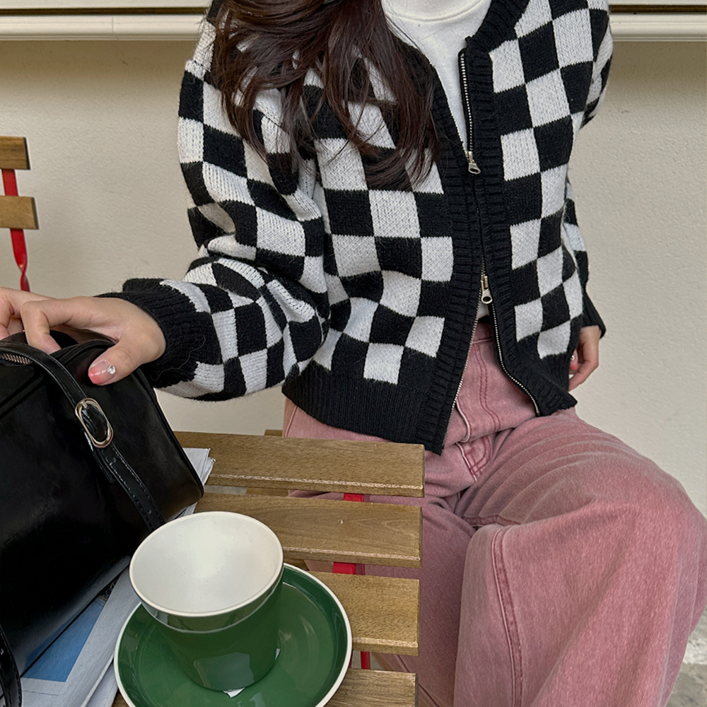 리리앤코 톰츠 체커보드 투웨이 니트 집업 가디건