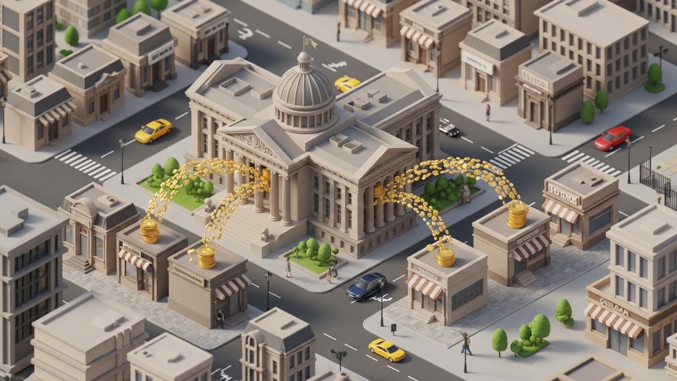 정부 기관에서 지역 상점들로 지원금이 원활하게 흐르는 모습을 형상화한 3D 일러스트