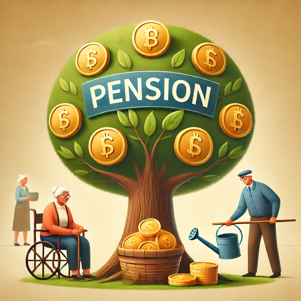 ‘Pension’이라고 적힌 커다란 나무에서 황금빛 동전이 열매처럼 자라고 있으며, 노부부가 그 동전을 바구니에 담고 있습니다. 뒤에서는 젊은 근로자들이 나무에 물을 주며 기여하는 모습을 표현했습니다.