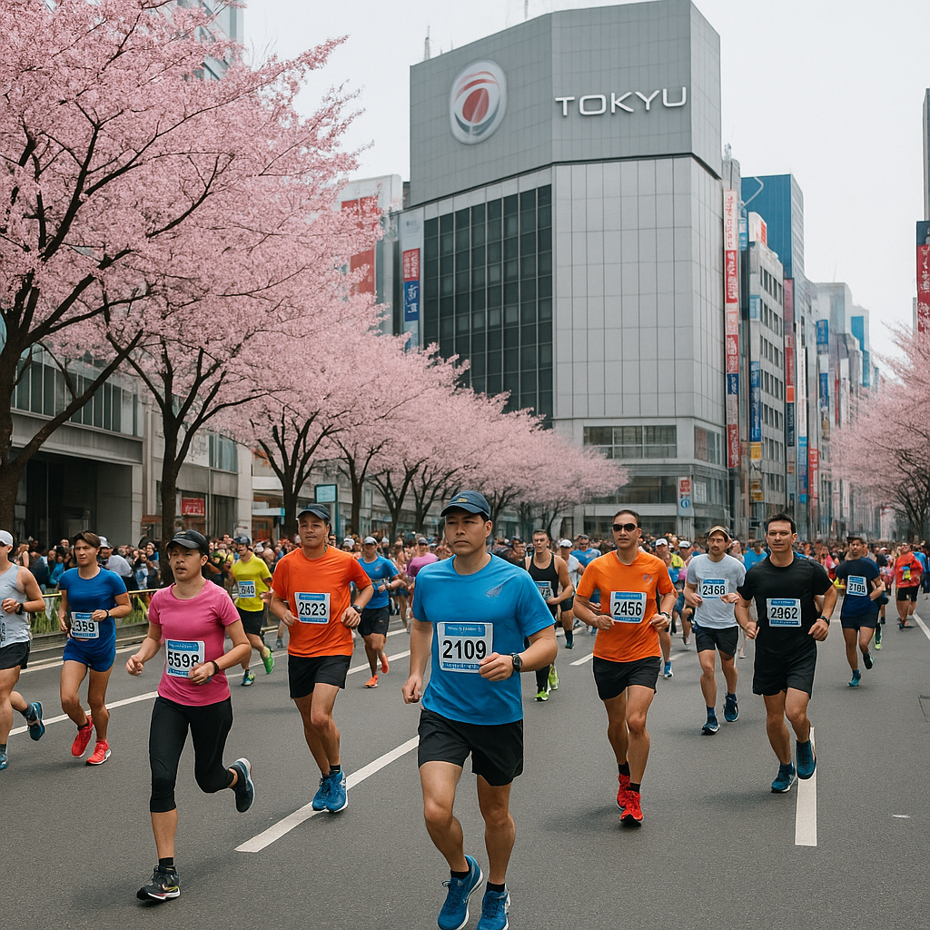도쿄 마라톤 참가자들이 벚꽃이 만개한 도심 거리에서 달리고 있는 모습. 다양한 국적의 러너들이 봄 날씨 속에 레이스에 참여하고 있으며, 배경에는 도심 건물과 TOKYO 간판이 보인다.