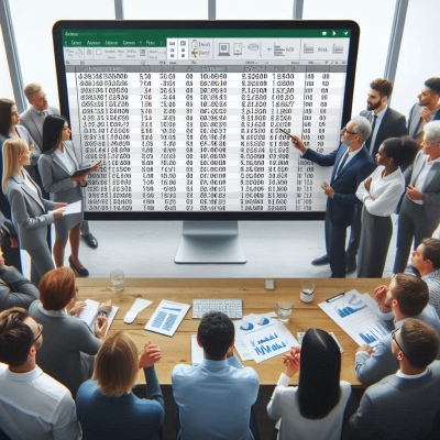 회의 중 스프레드시트 데이터를 분석하는 사람들