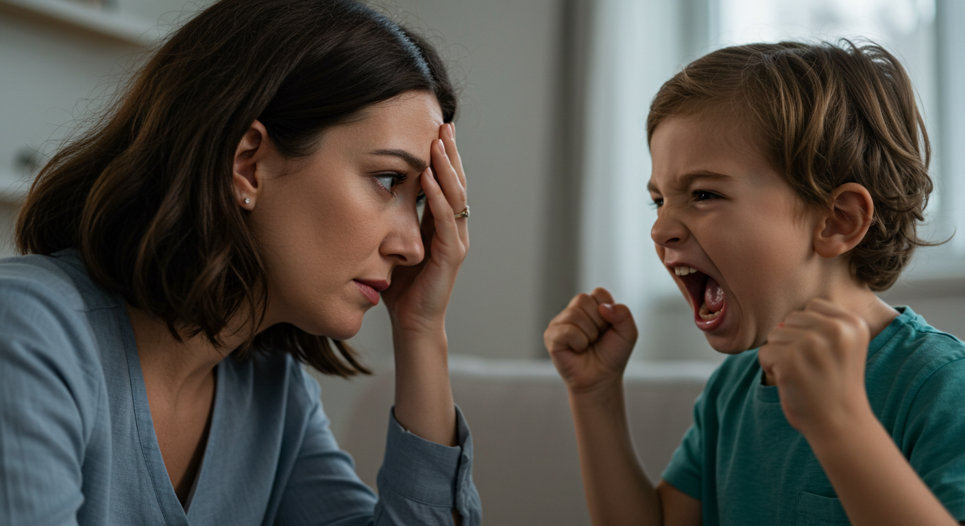 아이의 욕설에 힘들어 하는 엄마