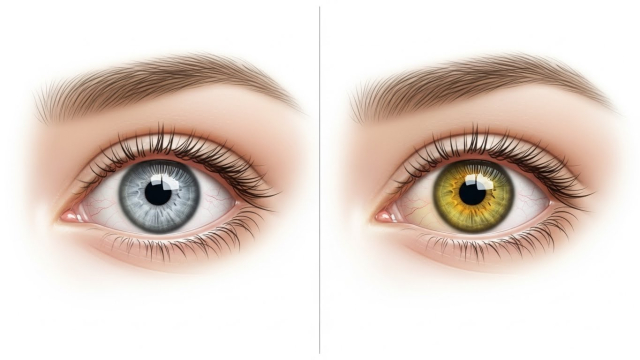 황달로 노랗게 변한 눈 흰자와 정상 눈 흰자를 비교한 클로즈업 이미지