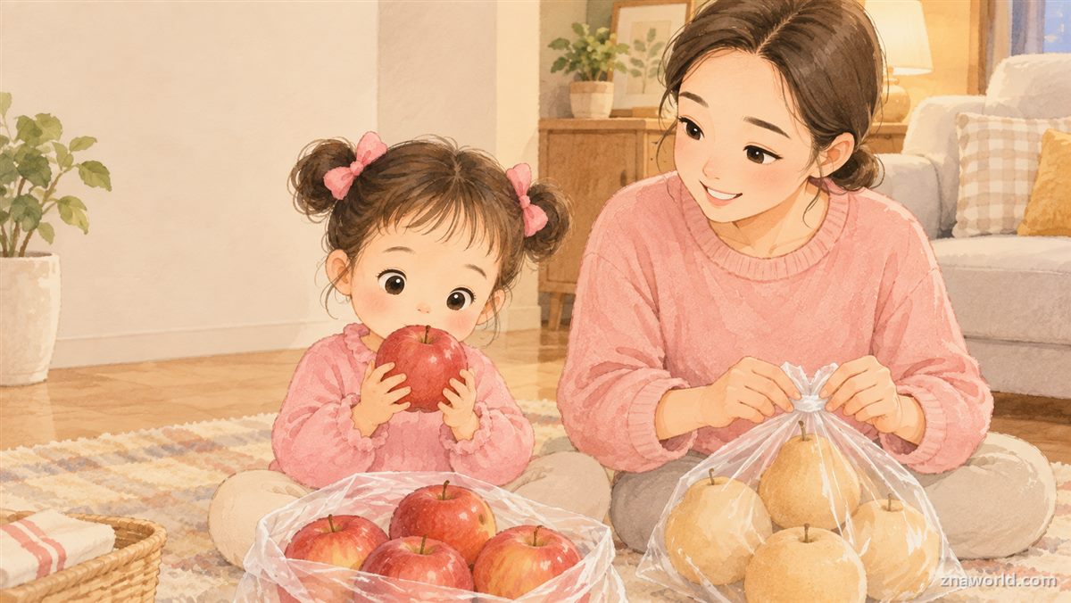사과 봉지와 배 봉지를 따로 나누는 지나와 엄마